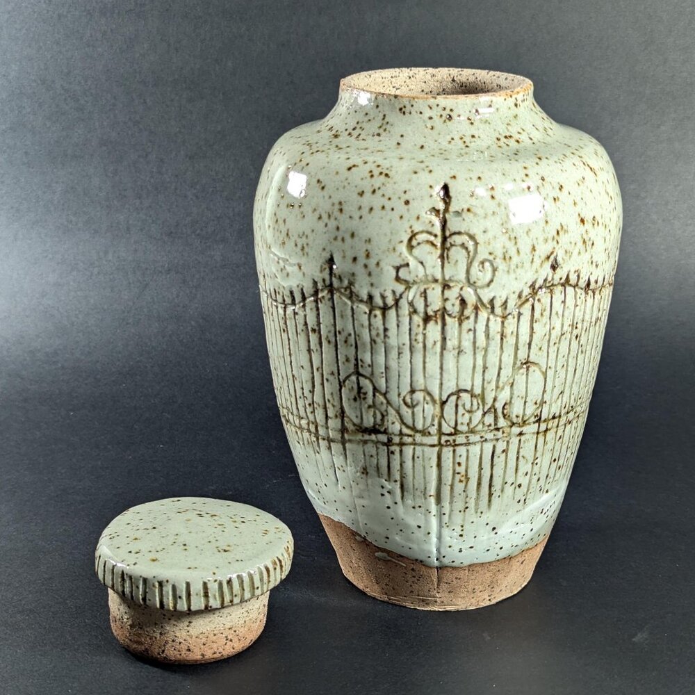 Handmade Ceramic lidded Gothic Kitchen Storage jar, Cemetery Gates pottery